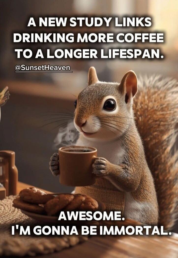 A NEW STUDY LINKS DRINKING MORE COFFEE TO A LONGER LIFESPAN. @SunsetHeaven AWESOME. I'M GONNA BE IMMORTAL.