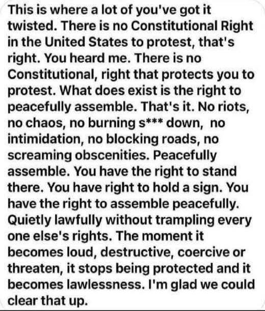 This is where a lot of you've got it twisted. There is no Constitutional Right in the United States to protest, that's right. You heard me. There is no Constitutional, right that protects you to protest. What does exist is the right topeacefully assemble. That's it. No riots, no chaos, no burning s*** down, no intimidation, no blocking roads, no sc