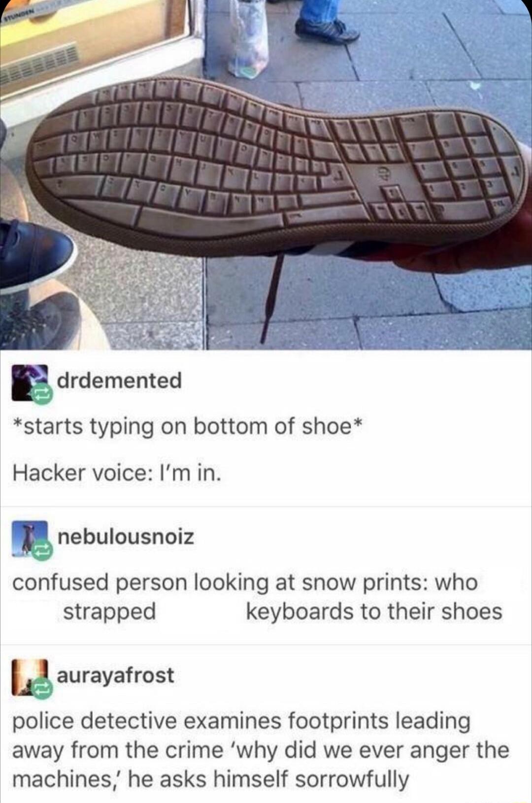 CHRAeE S drdemented starts typing on bottom of shoe Hacker voice Im in E nebulousnoiz confused person looking at snow prints who strapped keyboards to their shoes Baurayarost police detective examines footprints leading away from the crime why did we ever anger the machines he asks himself sorrowfully