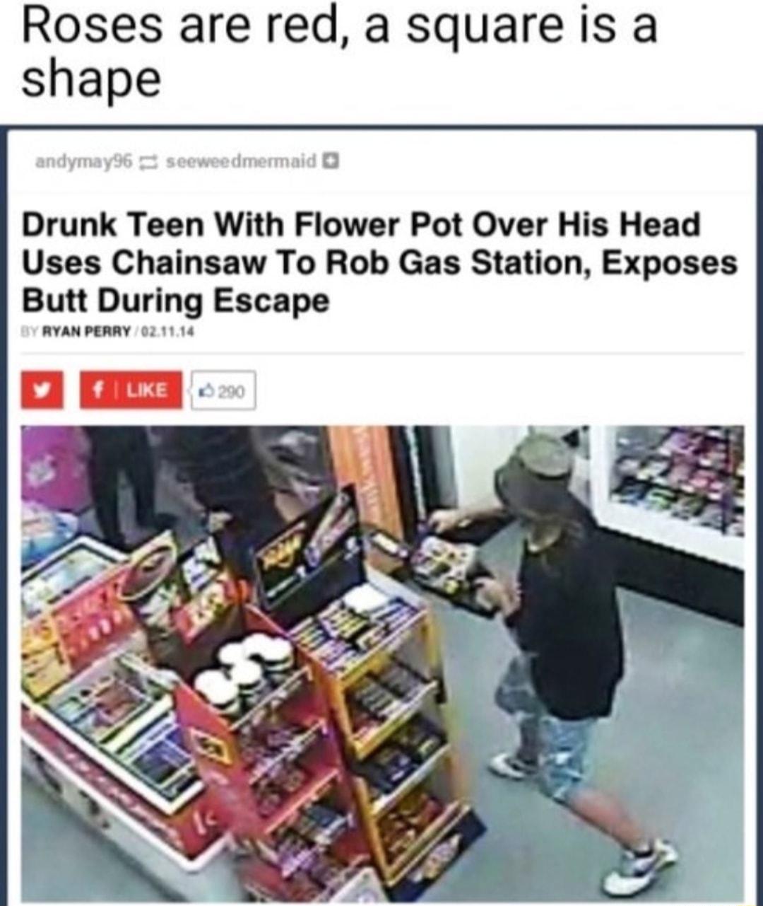 Roses are red a square is a shape Drunk Teen With Flower Pot Over His Head Uses Chainsaw To Rob Gas Station Exposes Butt During Escape
