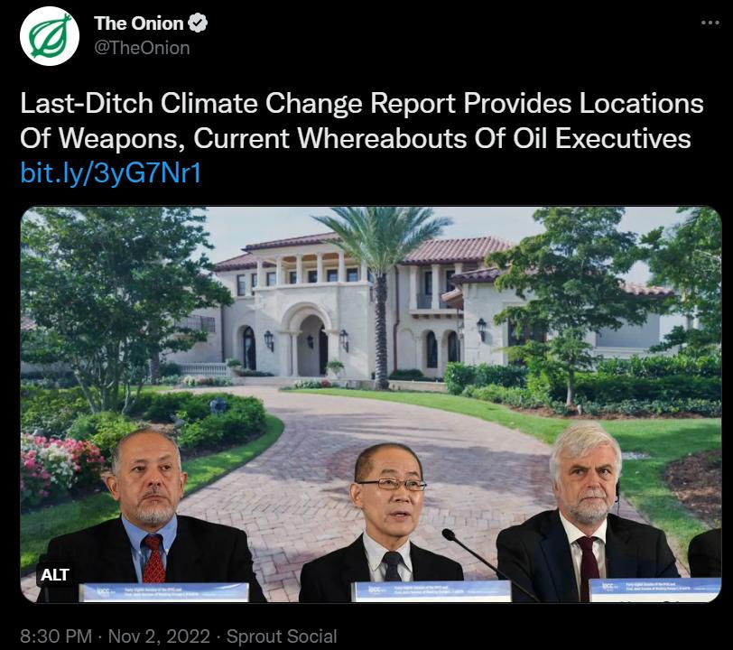 0 The Onion Last Ditch Climate Change Report Provides Locations Of Weapons Current Whereabouts Of Oil Executives bitly3yG7Nr1