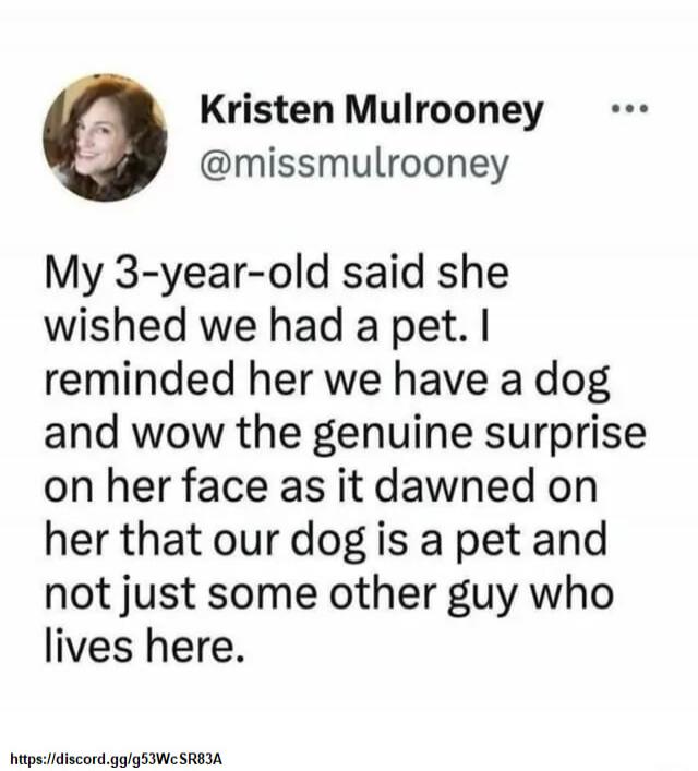 My 3-year-old said she wished we had a pet. I reminded her we have a dog and wow the genuine surprise on her face as it dawned on her that our dog is a pet and not just some other guy who lives here.