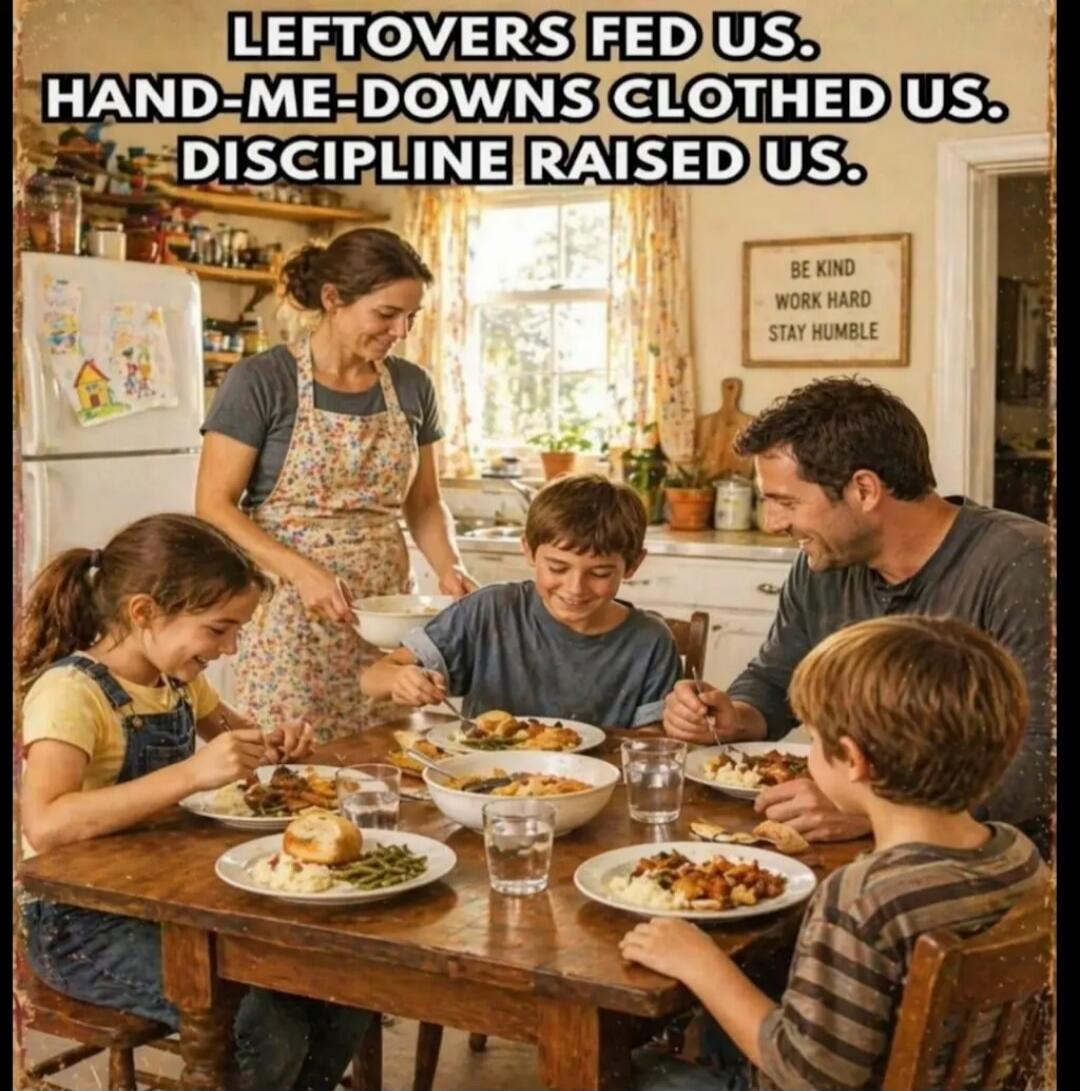 LEFTOVERS FED US. HAND-ME-DOWNS CLOTHED US. DISCIPLINE RAISED US. BE KIND WORK HARD STAY HUMBLE.