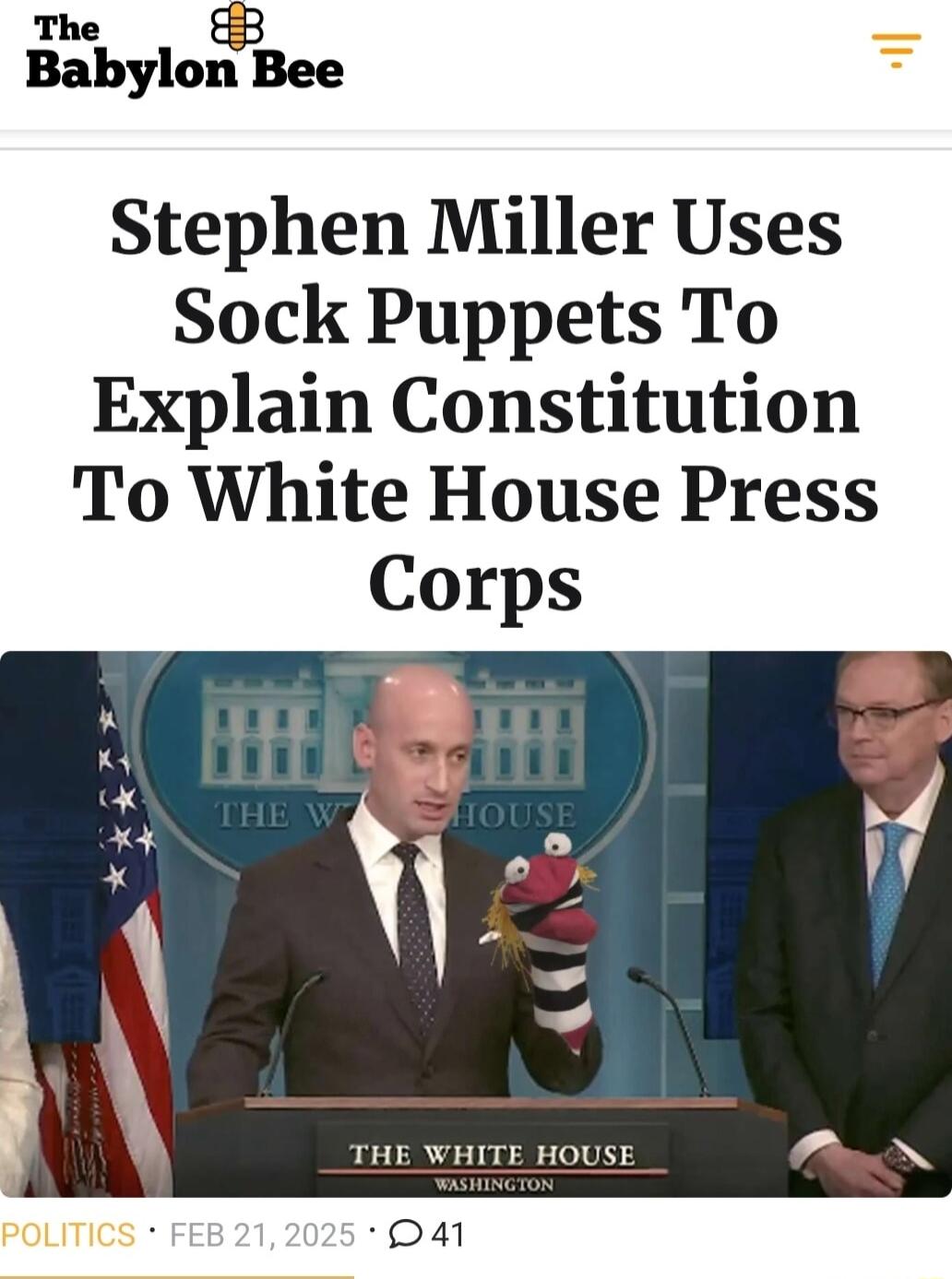 The Babyloxi Bee Stephen Miller Uses Sock Puppets To Explain Constitution To White House Press Corps Oa