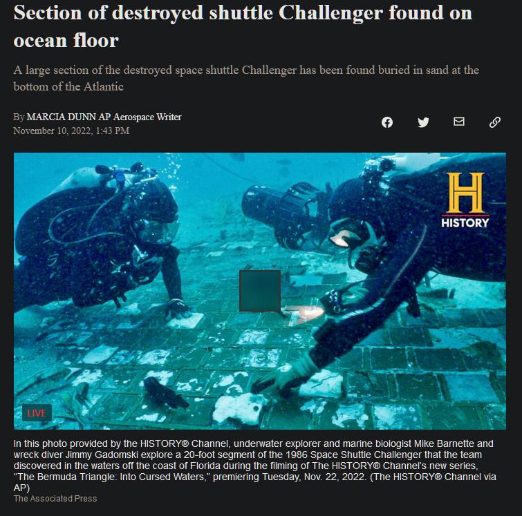 Section of destroyed shuttle Challenger found on ocean floor A g section of the destroyed spce shutle Challegr hasbeen found buried i sand tthe S e e ol v s November 10222 145 P I oo proAde by e STORYS Craet uderwter expoe and o Do e B e v ey G oplore 251t sment f 1956 Space St Chbenger ke eam G5coverea I h vl f e cost of P U e o T HSTORYS Cramers tew e B