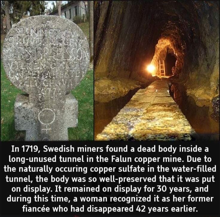 In 1719 Swedish miners found a dead body le a long unused tunnel in the Falun copper mine Due to the naturally occuring copper sulfate in the water filled tunnel the body was so well preserved that it was put on display It remained on display for 30 years and LULLTRGTER CRERYLL EL RV TFZE I BN TTg Gl T fiance who had disappeared 42 years earlier
