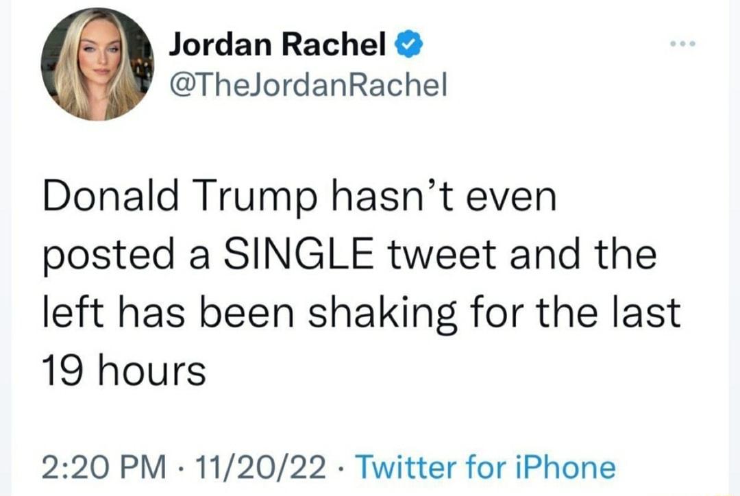 Jordan Rachel TheJordanRachel Donald Trump hasnt even posted a SINGLE tweet and the left has been shaking for the last 19 hours 220 PM 112022 Twitter for iPhone