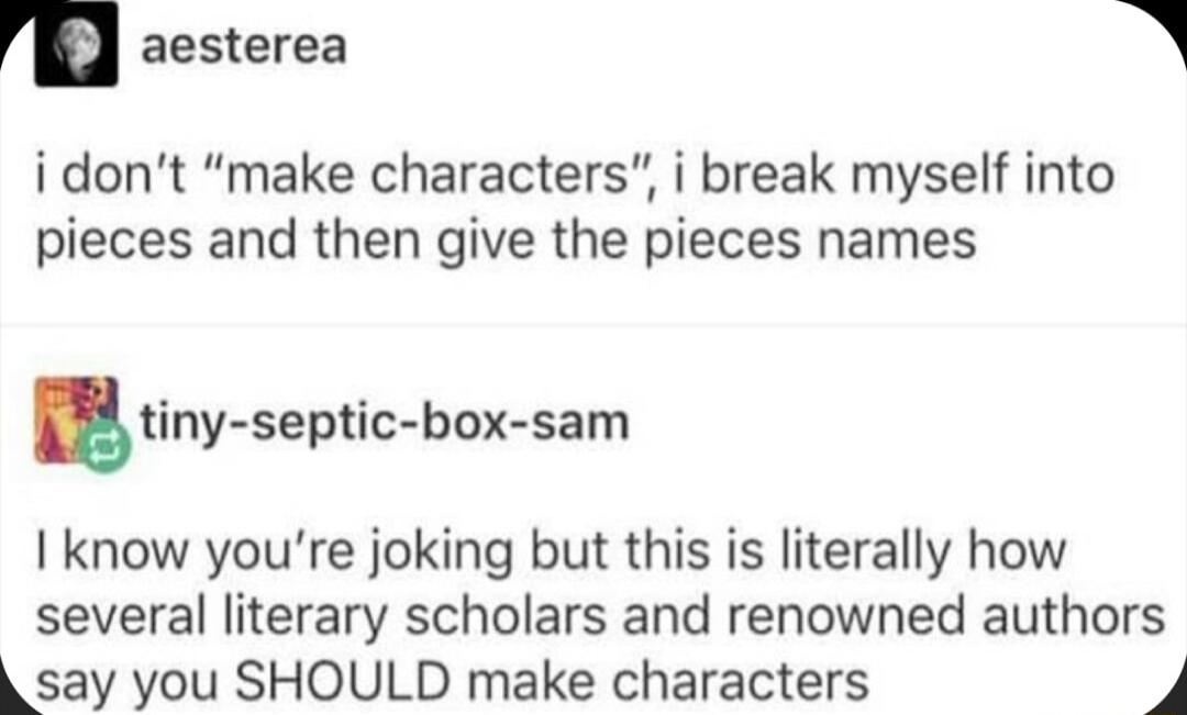 m aesterea 1 idont make characters i break myself into pieces and then give the pieces names tinyseptic boxsam I know youre joking but this is literally how several literary scholars and renowned authors say you SHOULD make characters 4