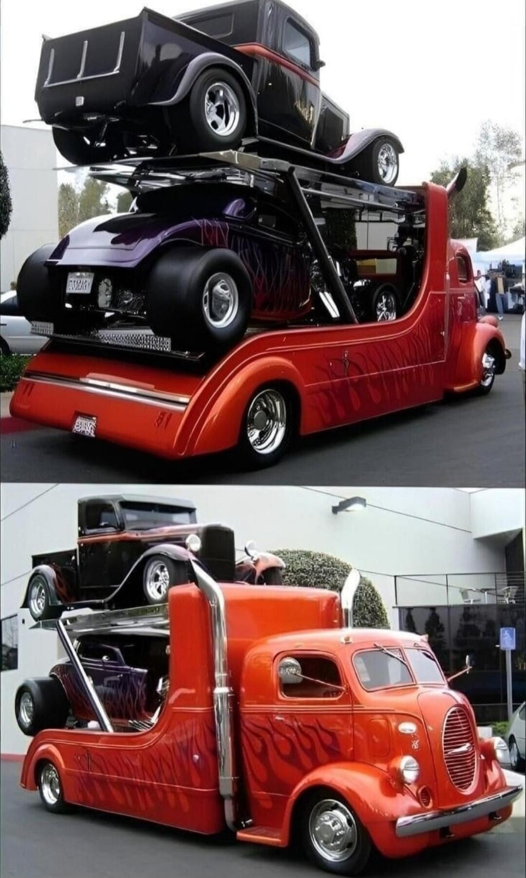 A car transporter with two vintage cars stacked on a multi-level trailer; red flame-painted truck.