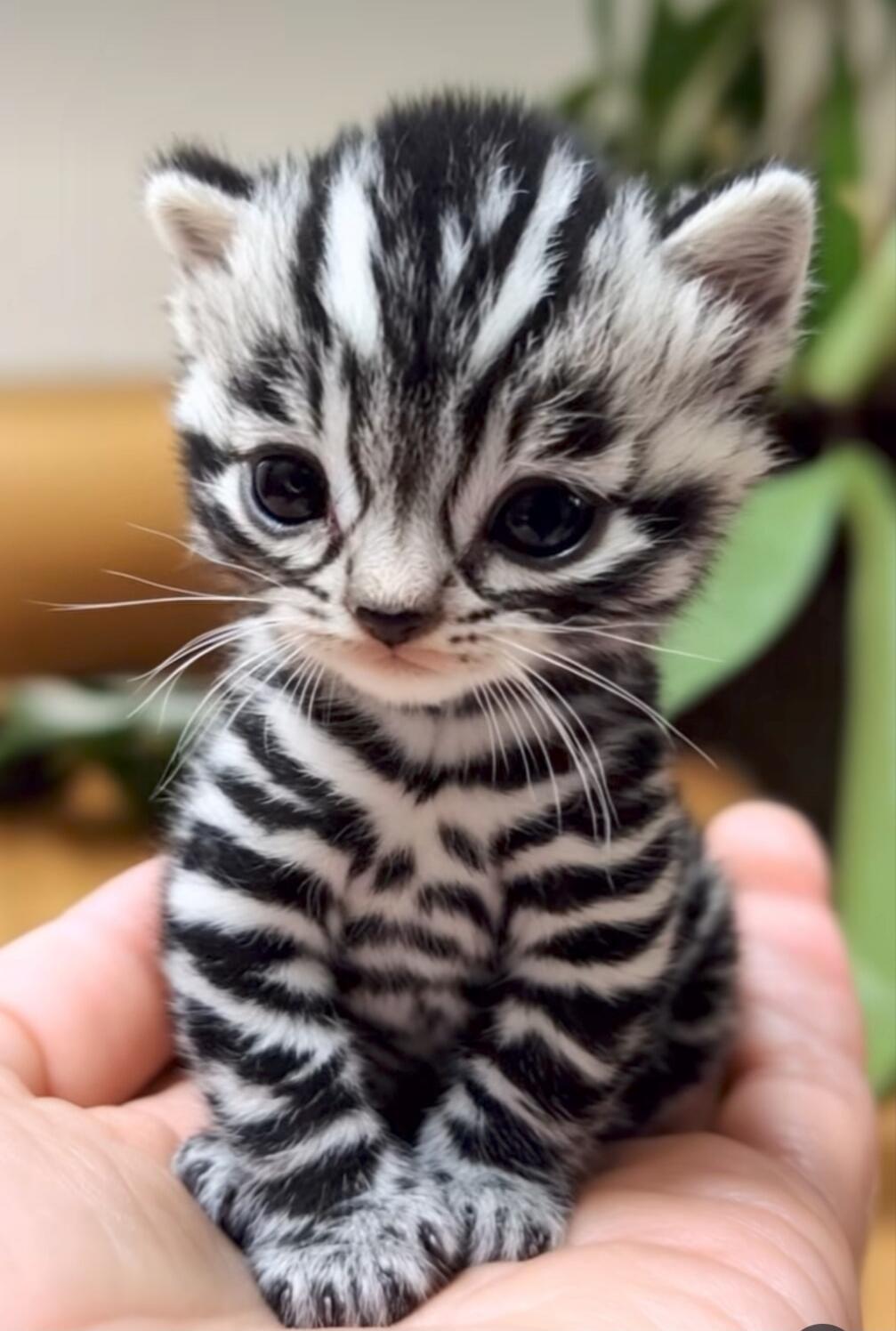 A tiny black-and-white striped kitten being held in a hand.