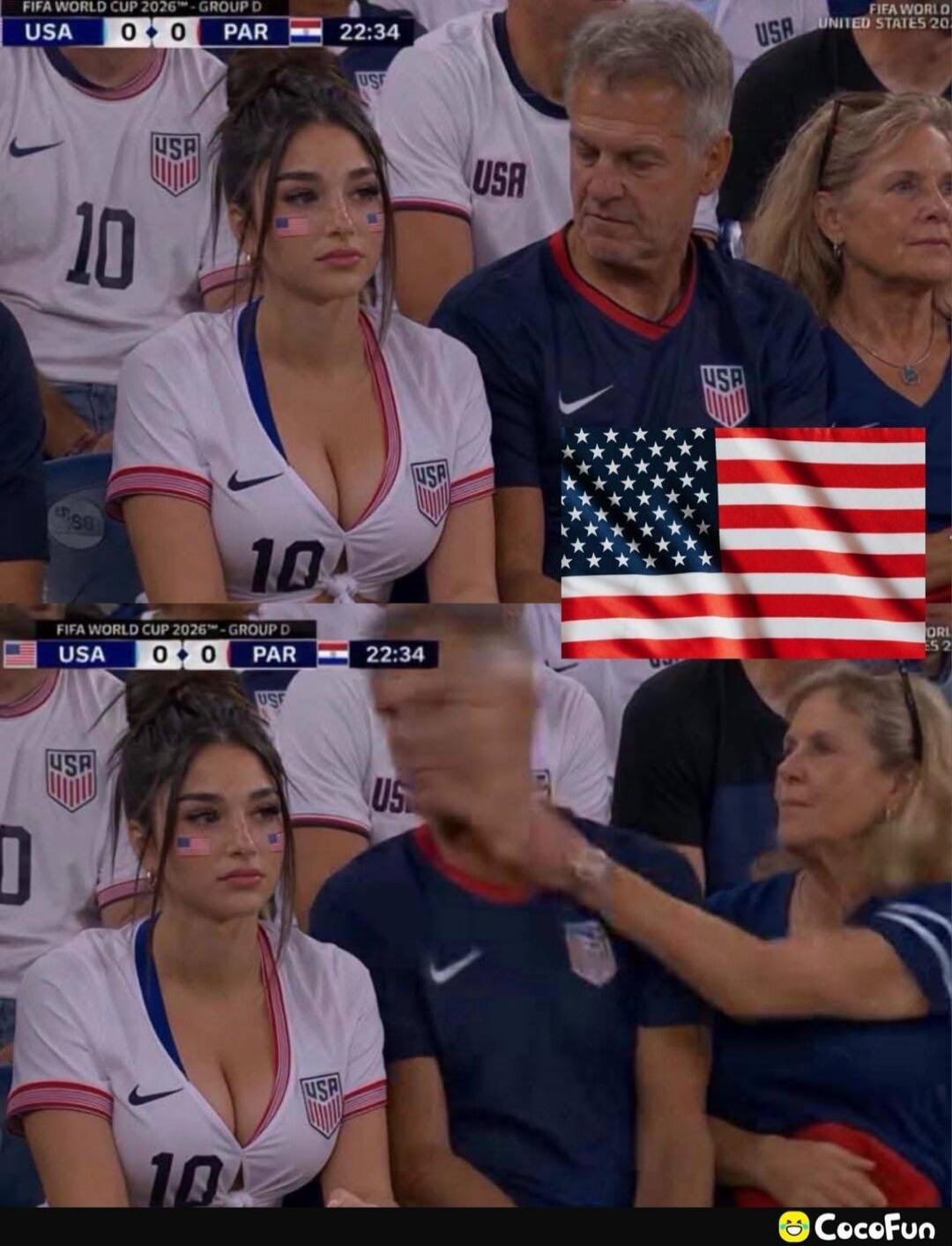 FIFA WORLD CUP 2026™ - GROUP D USA 0 ♦ 0 PAR 22:34. A young woman in a USA jersey with face paint is shown. In the second frame, an older woman nudges a man next to her, implying he was looking at the young woman's cleavage.