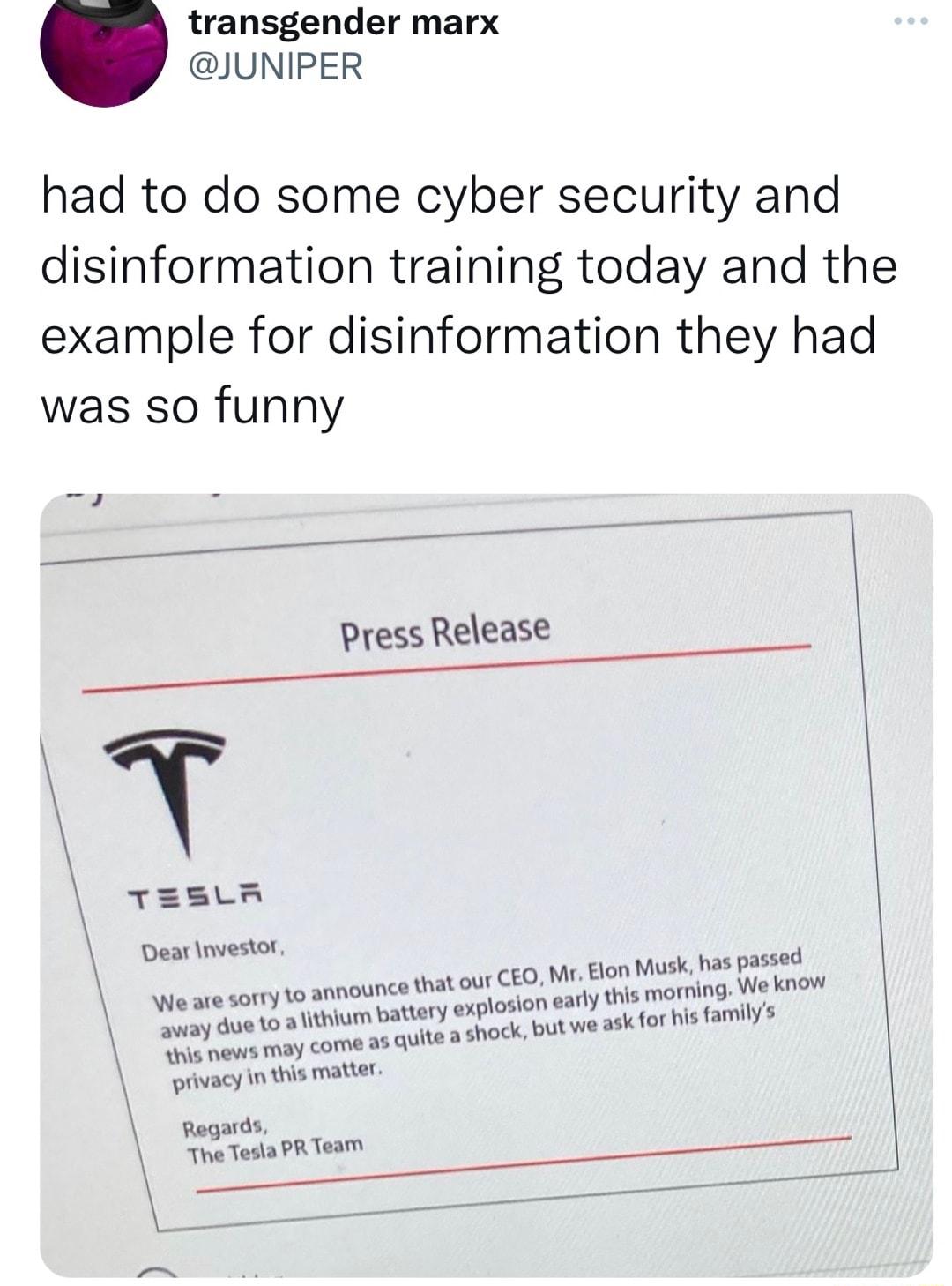 transgender marx JUNIPER had to do some cyber security and disinformation training today and the example for disinformation they had was so funny donvs gt e sorry o anounce it out GO WS CL g Welnow losion eary this e A o byt wa o Sy s aguen Thetearn