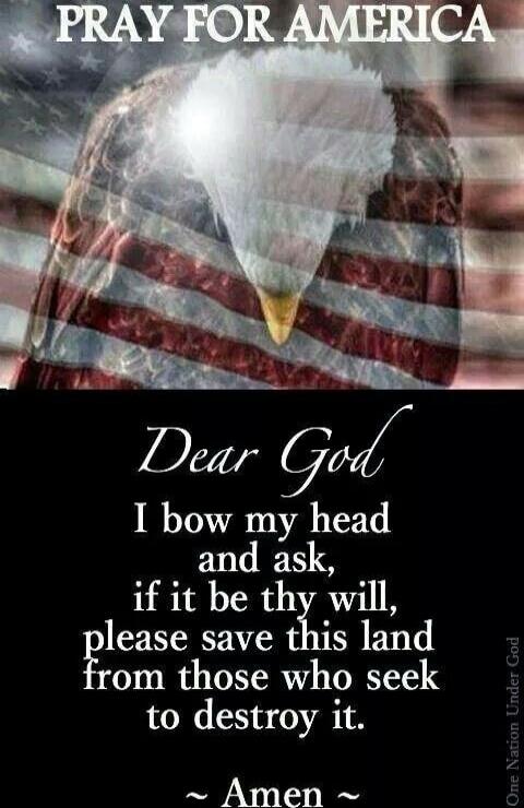 PRAY FOR AMERICA
Dear God
I bow my head and ask, if it be thy will, please save this land from those who seek to destroy it.
~ Amen ~
