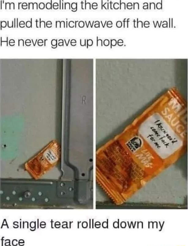 Im remodeling the Kitchen and pulled the microwave off the wall He never gave up hope A single tear rolled down my