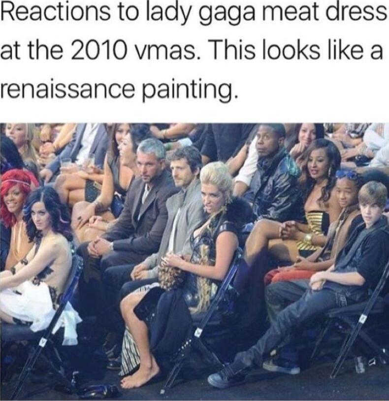 Reactions to lady gaga meat dress at the 2010 vmas This looks like a renaissance painting