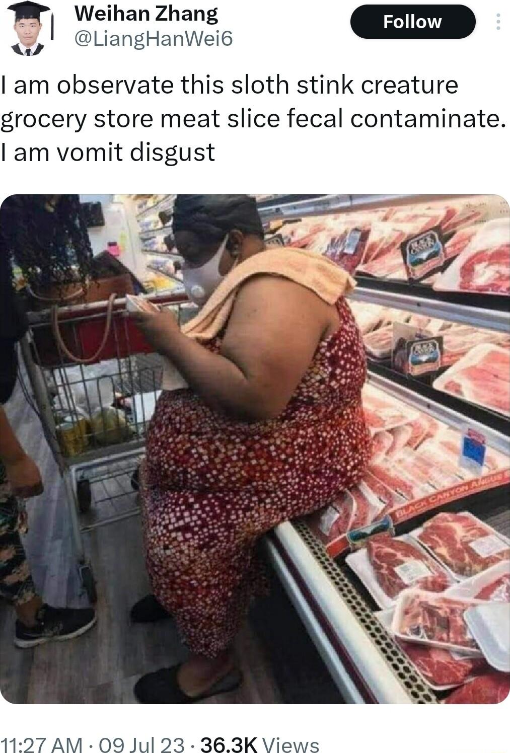 P Weihan Zhang anWei6 am observate this sloth stink creature grocery store meat slice fecal contaminate am vomit disgust