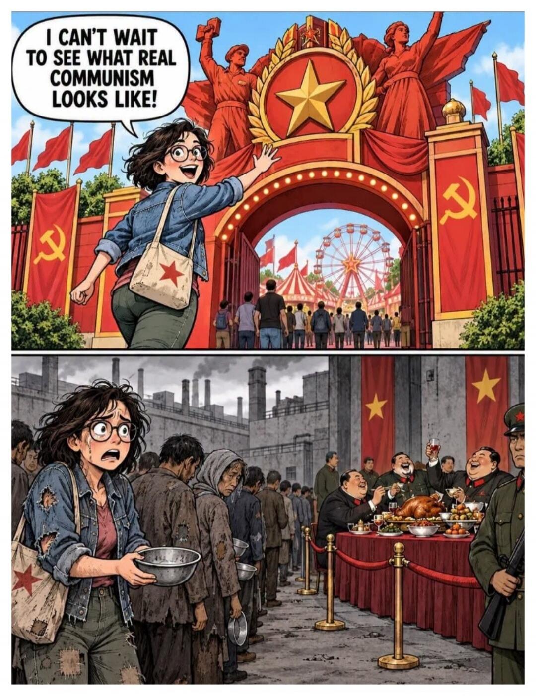 I CAN'T WAIT TO SEE WHAT REAL COMMUNISM LOOKS LIKE! A young, enthusiastic woman approaches a grand archway adorned with communist symbols, looking forward to experiencing 'real communism'. Below, the same woman is now disheveled and hungry, standing in a line of impoverished people with empty bowls, while a group of well-fed officials feast lavishl