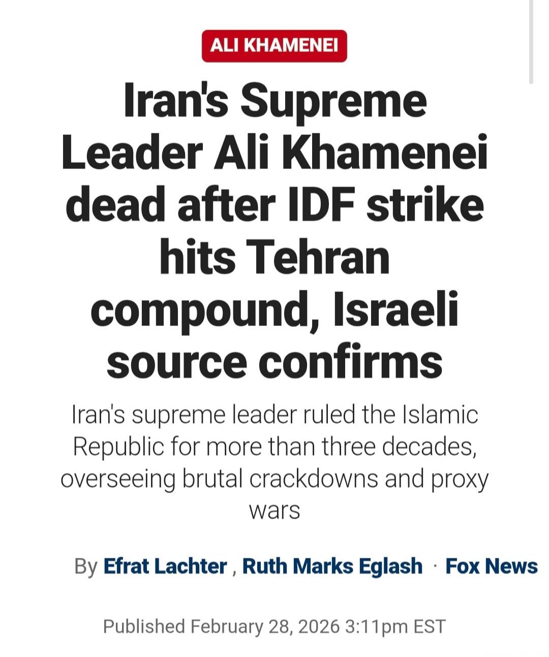 Iran's Supreme Leader Ali Khamenei dead after IDF strike hits Tehran compound, Israeli source confirms
Iran's supreme leader ruled the Islamic Republic for more than three decades, overseeing brutal crackdowns and proxy wars
