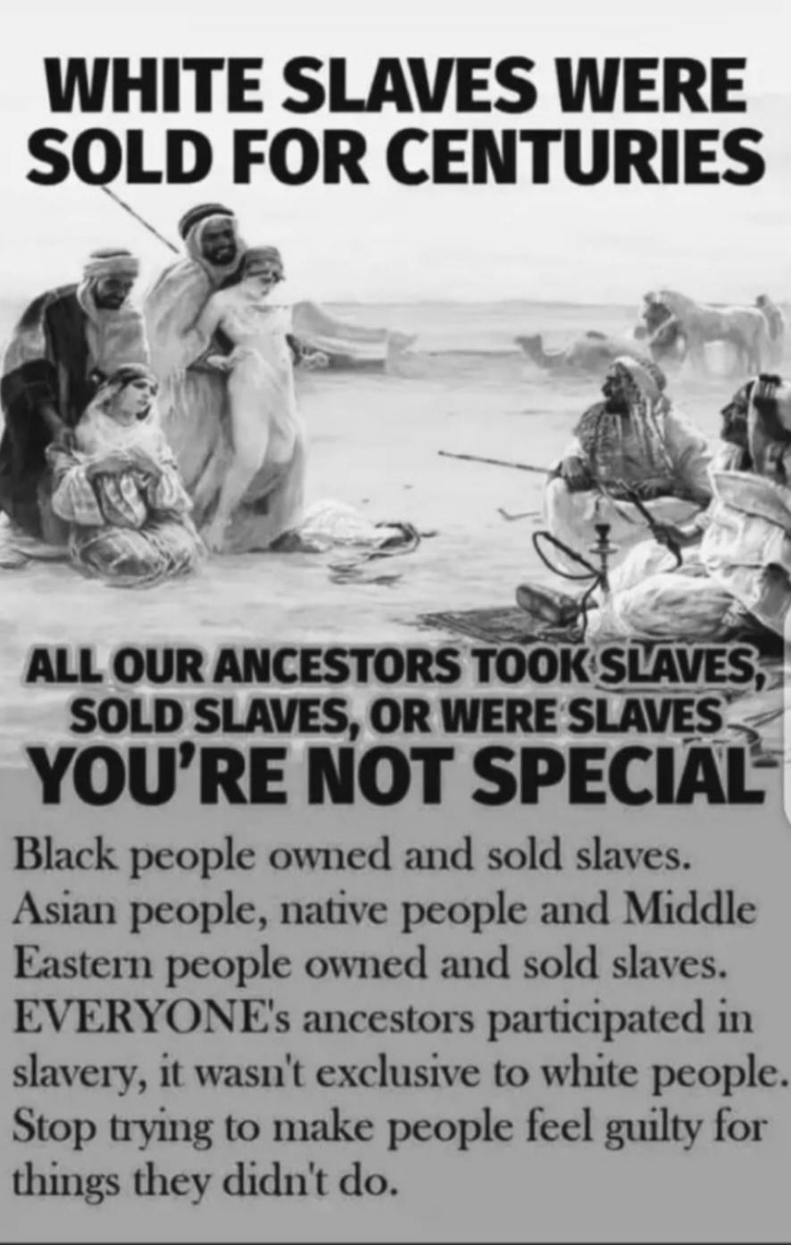 WHITE SLAVES WERE SOLD FOR CENTURIES. ALL OUR ANCESTORS TOOK SLAVES, SOLD SLAVES, OR WERE SLAVES. YOU'RE NOT SPECIAL. Black people owned and sold slaves. Asian people, native people and Middle Eastern people owned and sold slaves. EVERYONE's ancestors participated in slavery, it wasn't exclusive to white people. Stop trying to make people feel guil