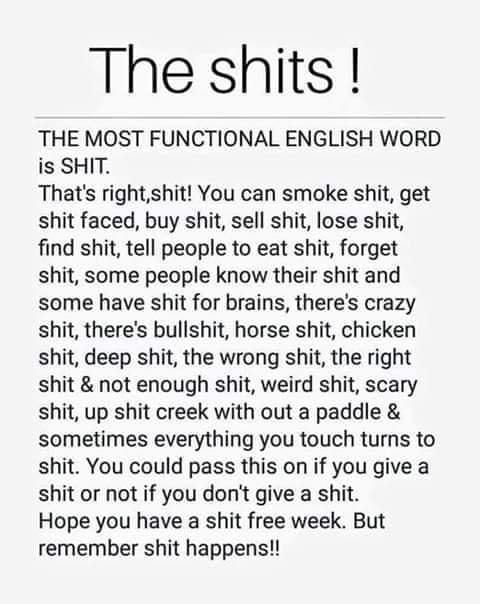 The shits THE MOST FUNCTIONAL ENGLISH WORD is SHIT Thats rightshit You can smoke shit get shit faced buy shit sell shit lose shit find shit tell people to eat shit forget shit some people know their shit and some have shit for brains theres crazy shit theres bullshit horse shit chicken shit deep shit the wrong shit the right shit not enough shit weird shit scary shit up shit creek with out a paddl