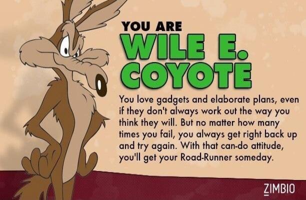 YOU ARE WILE E. COYOTE
You love gadgets and elaborate plans, even if they don't always work out the way you think they will. But no matter how many times you fail, you always get right back up and try again. With that can-do attitude, you'll get your Road-Runner someday.