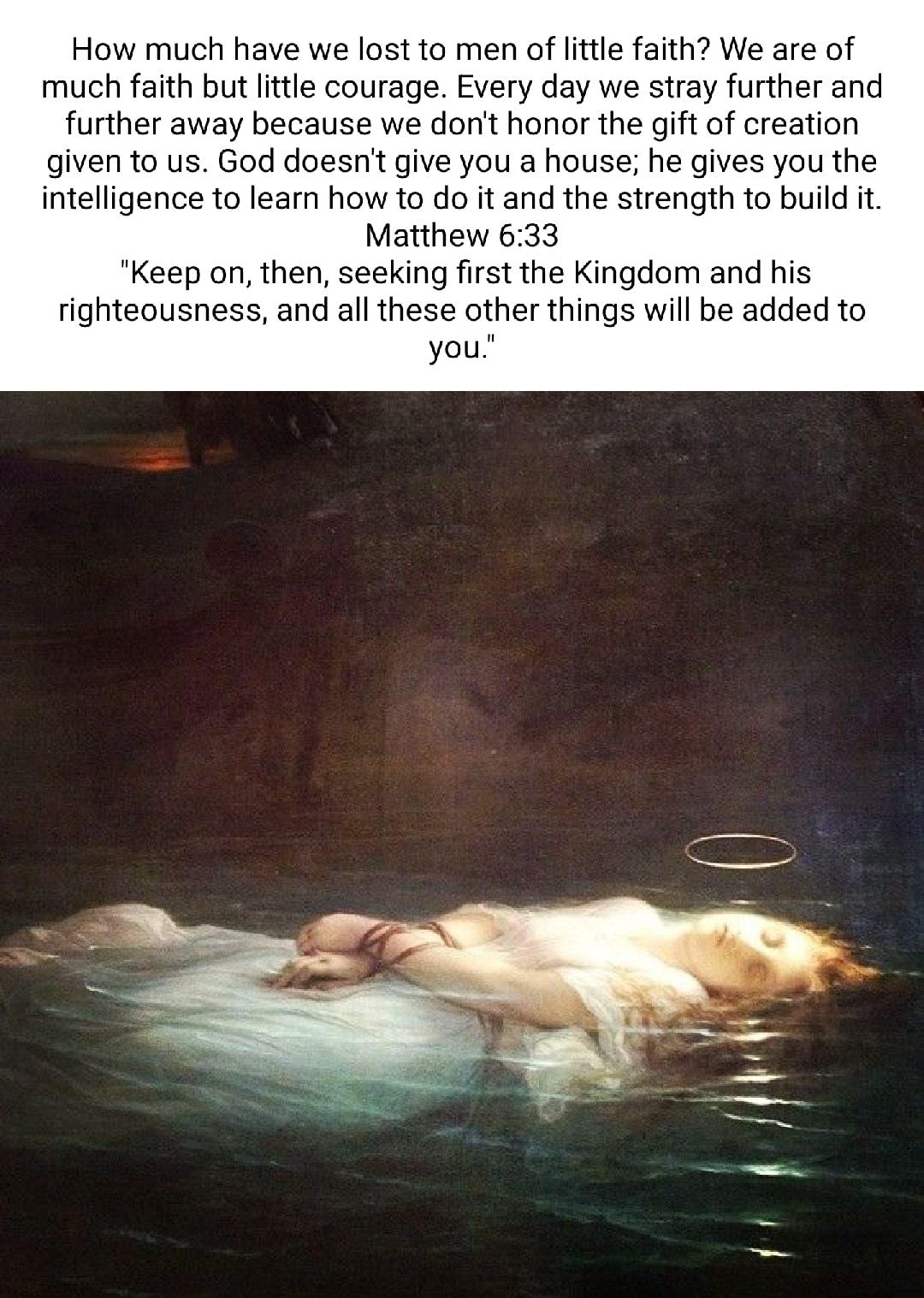 How much have we lost to men of little faith We are of much faith but little courage Every day we stray further and further away because we dont honor the gift of creation given to us God doesnt give you a house he gives you the intelligence to leam how to do it and the strength to build it Matthew 633 Keep on then seeking first the Kingdom and his fighteousness and all these other things will be 