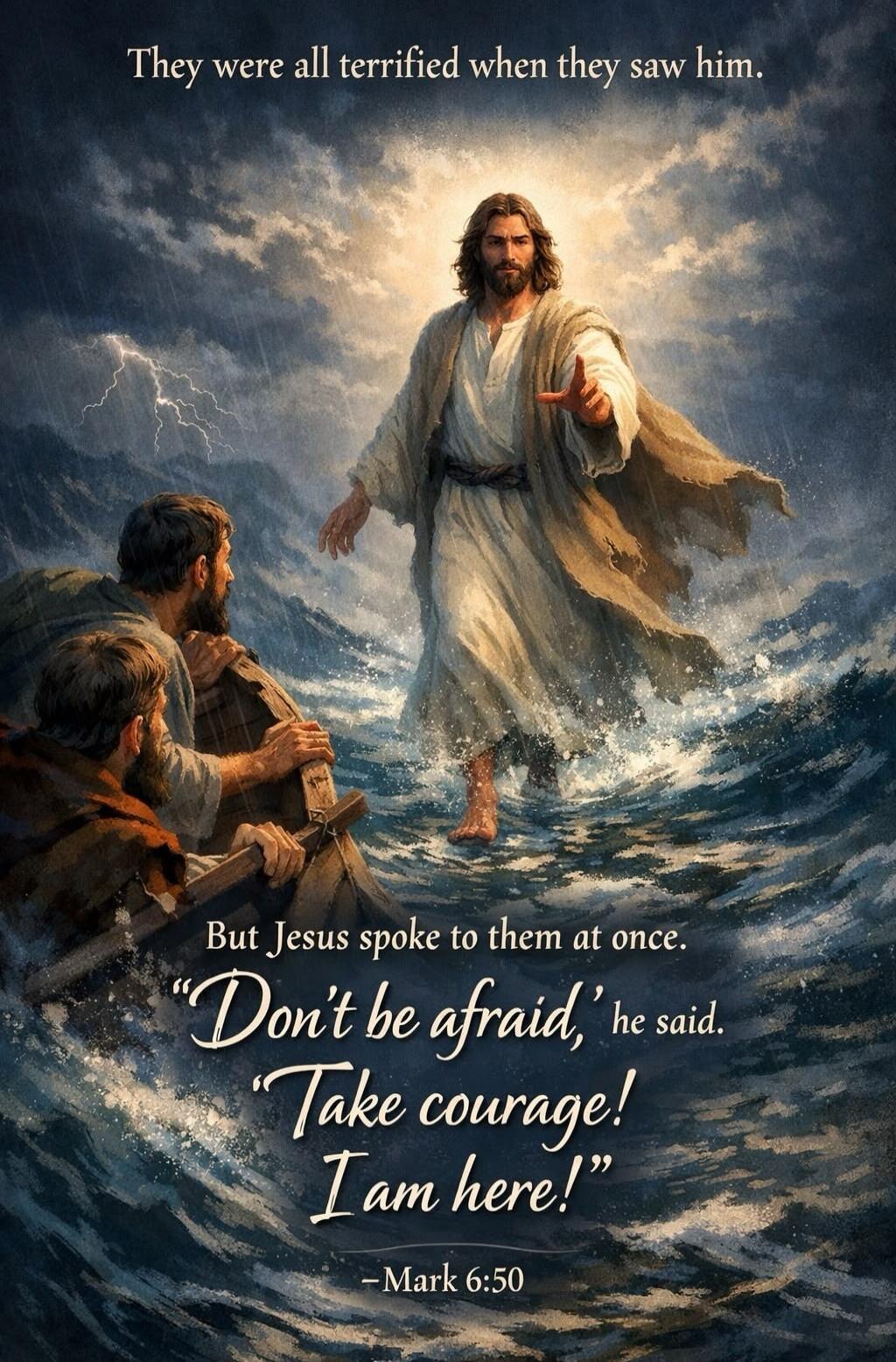 They were all terrified when they saw him. But Jesus spoke to them at once. 