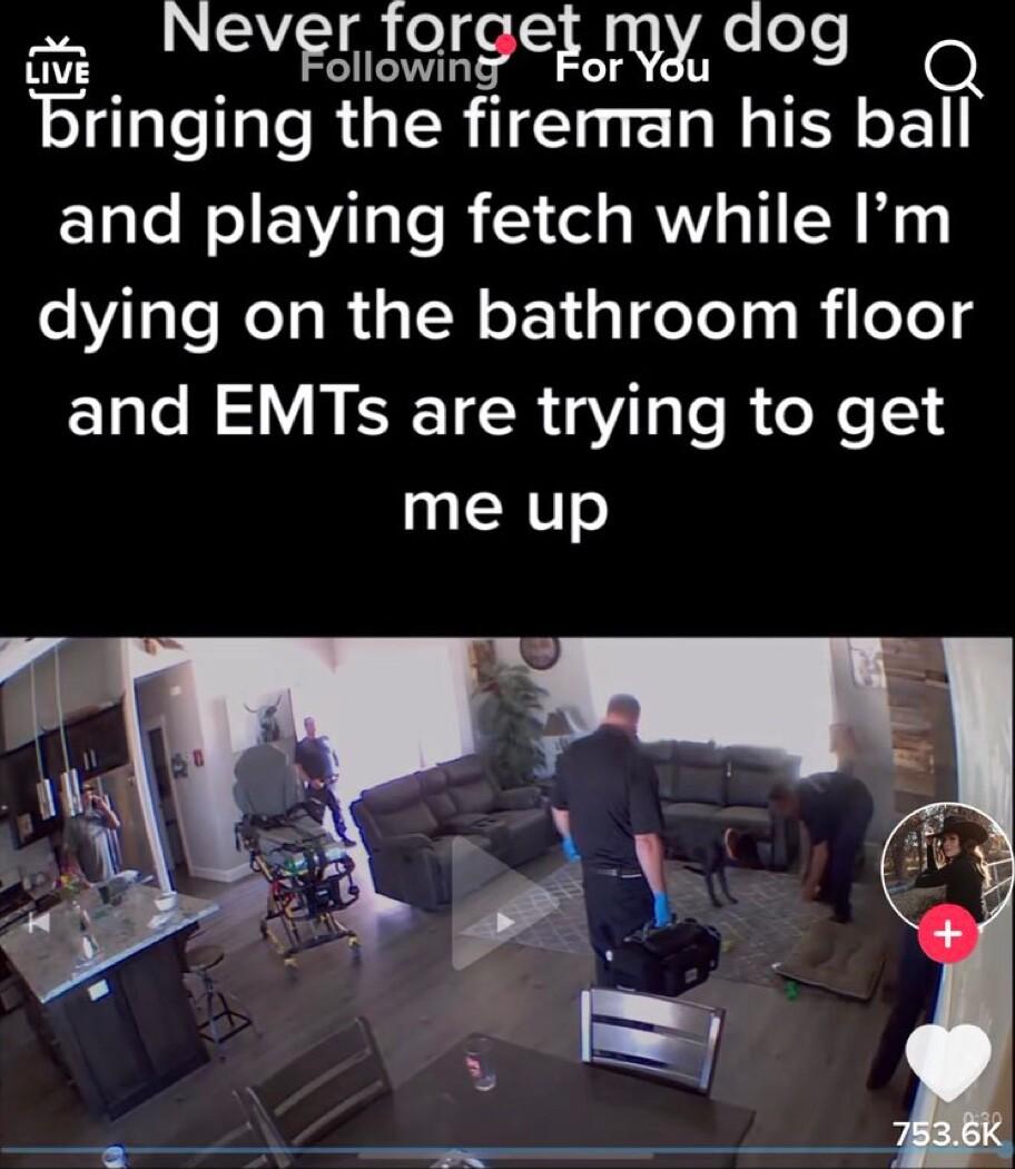g Neverlorget my dog bringing the firerman his ball and playing fetch while Im dying on the bathroom floor and EMTs are trying to get me up