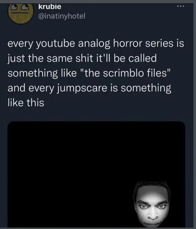 Krubie Ginatinyhotel every youtube analog horror series is just the same shit itll be called something like the scrimblo files and every jumpscare is something TERGIS