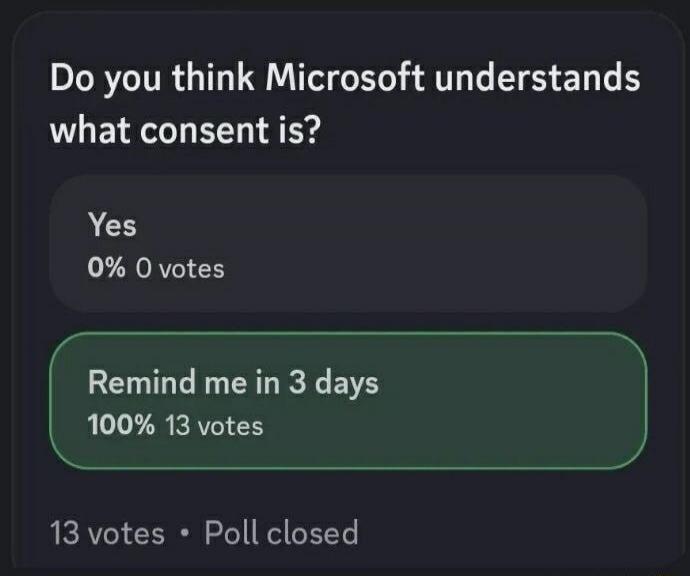 Do you think Microsoft understands what consent is? Yes 0% 0 votes Remind me in 3 days 100% 13 votes 13 votes Poll closed