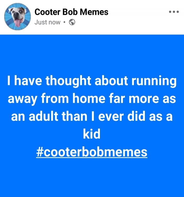 I have thought about running away from home far more as an adult than I ever did as a kid #cooterbobmemes