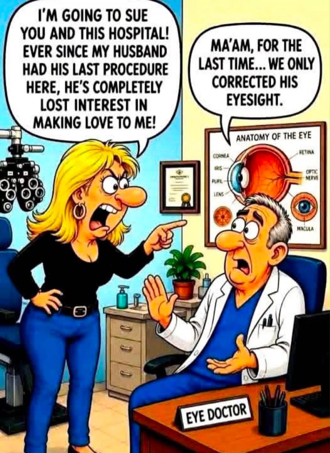 I'M GOING TO SUE YOU AND THIS HOSPITAL! EVER SINCE MY HUSBAND HAD HIS LAST PROCEDURE HERE, HE'S COMPLETELY LOST INTEREST IN MAKING LOVE TO ME! MA'AM, FOR THE LAST TIME... WE ONLY CORRECTED HIS EYESIGHT. EYE DOCTOR. ANATOMY OF THE EYE. CORNEA. IRIS. PUPIL. LENS. RETINA. OPTIC NERVE. MACULA.