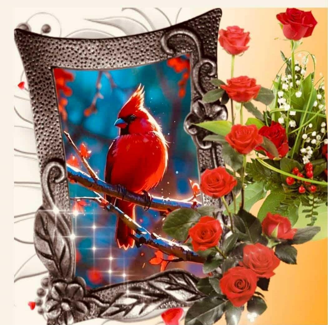 A vivid red cardinal perched on a branch inside a decorative frame, surrounded by red roses.