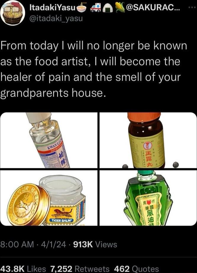 ItadakiYasugd 8 M SAKURAC From today will no longer be known as the food artist will become the healer of pain and the smell of your lgTale o TETal N aToIVETH 438K 7252 462 O