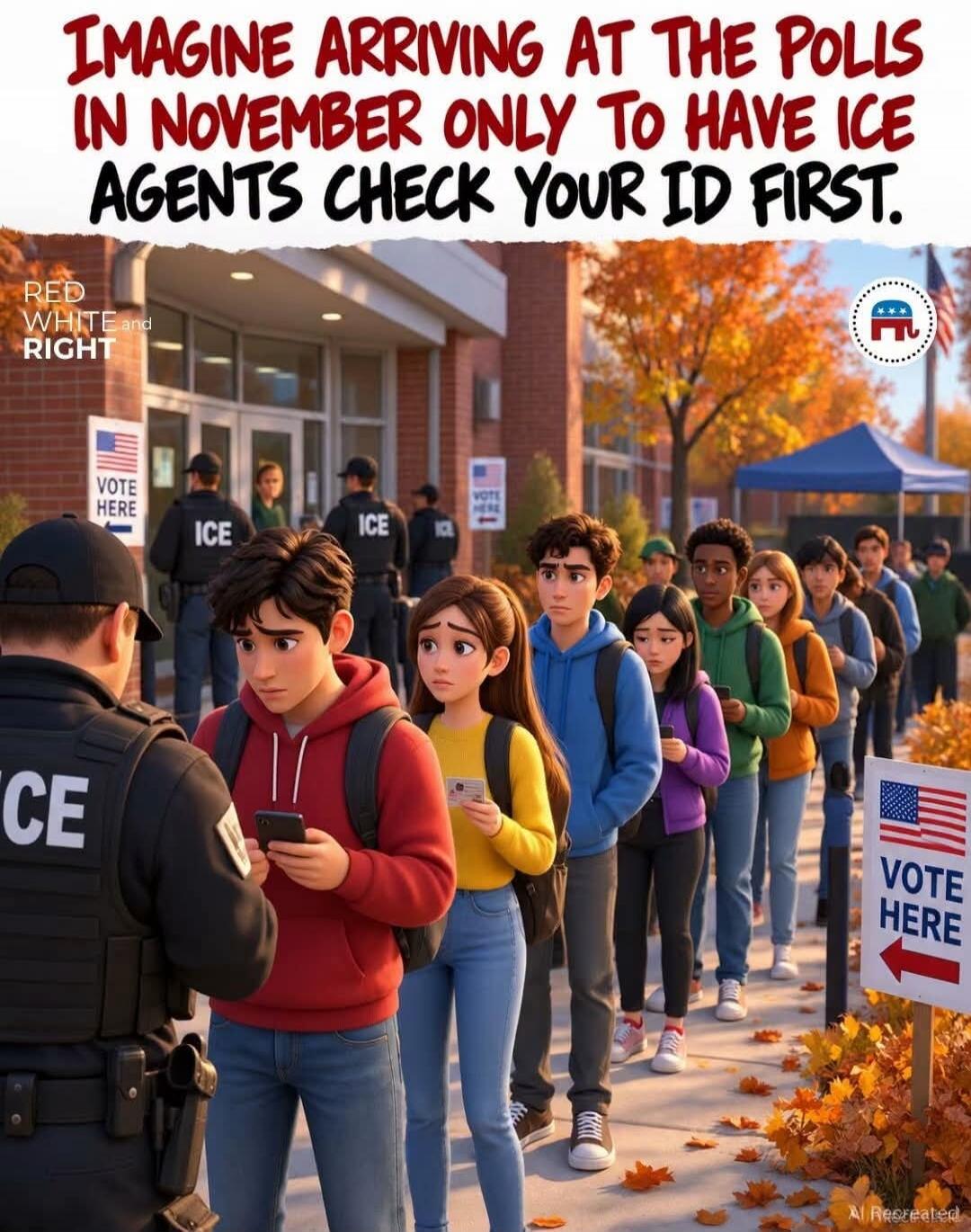 IMAGINE ARRIVING AT THE POLLS IN NOVEMBER ONLY TO HAVE ICE AGENTS CHECK YOUR ID FIRST. RED WHITE and RIGHT. VOTE HERE. ICE.