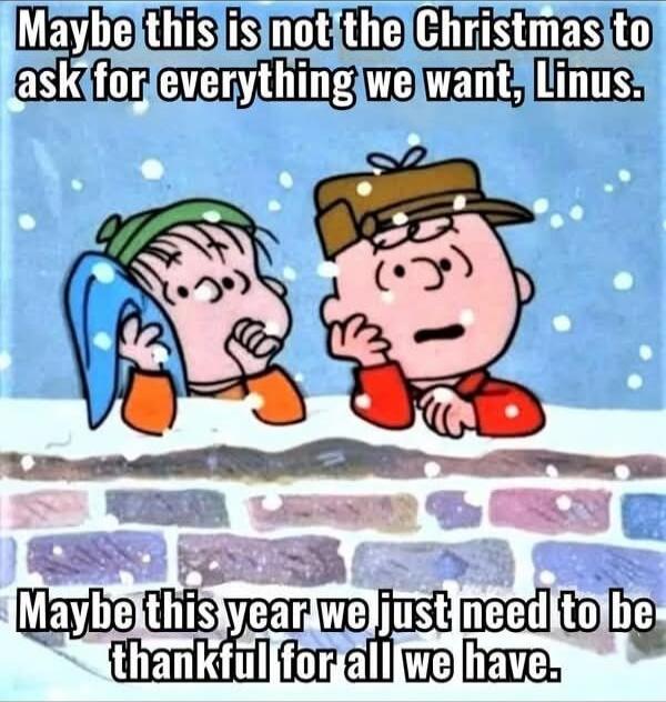Maybe this is not the Christmas to ask for everything we want, Linus. Maybe this year we just need to be thankful for all we have.
