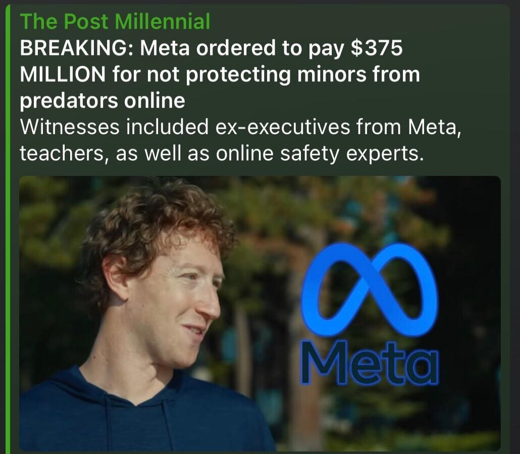 The Post Millennial BREAKING: Meta ordered to pay $375 MILLION for not protecting minors from predators online Witnesses included ex-executives from Meta, teachers, as well as online safety experts.