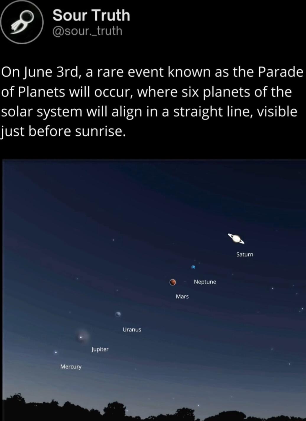 Sour Truth sour_truth On June 3rd a rare event known as the Parade of Planets will occur where six planets of the solar system will align in a straight line visible just before sunrise