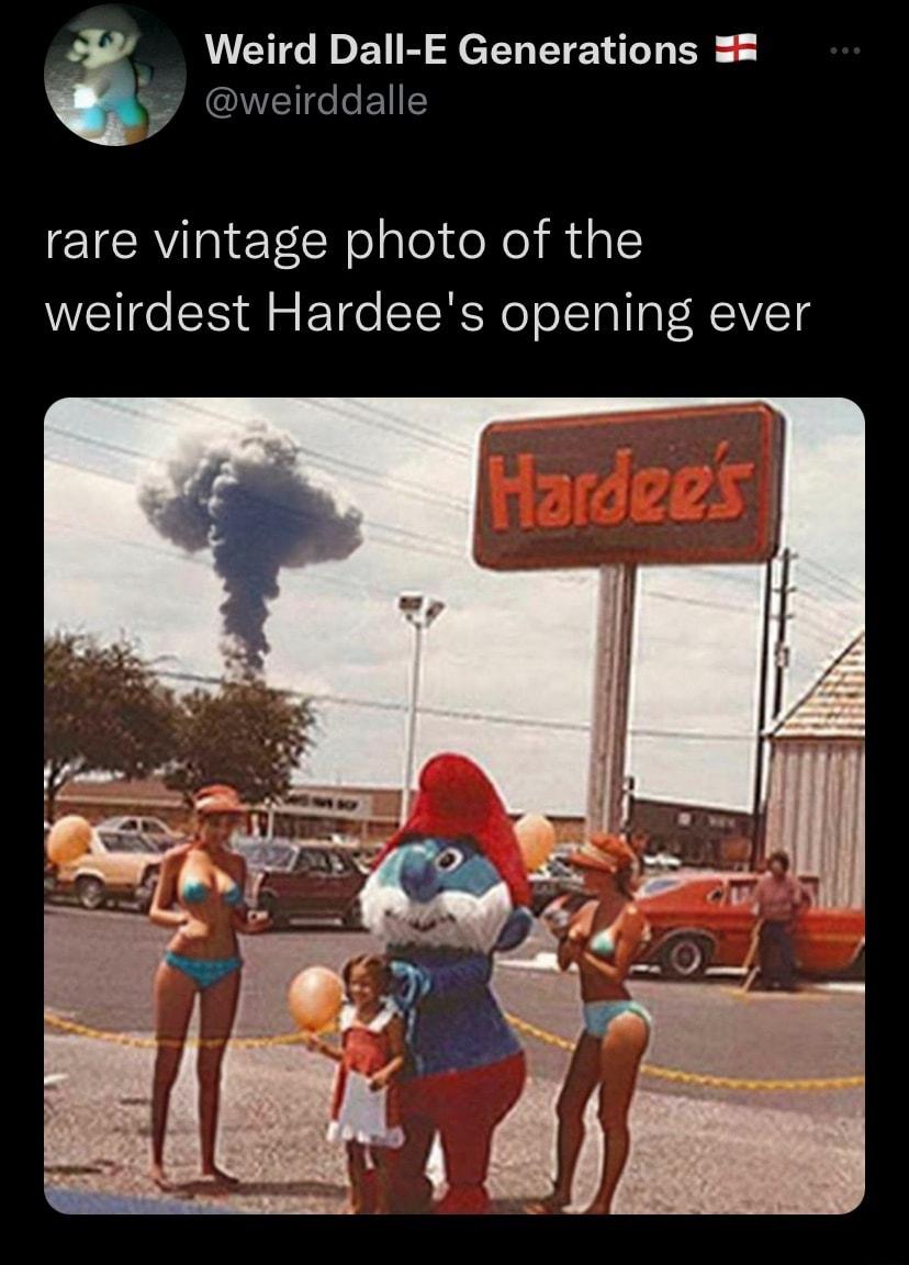 Weird Dall E Generations NEICIETE rare vintage photo of the weirdest Hardees opening ever