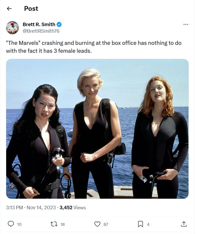 Post B srettrsmith The Marvels crashing and burning at the box office has nothing to do with the fact it 3 female leads Qo jat o R