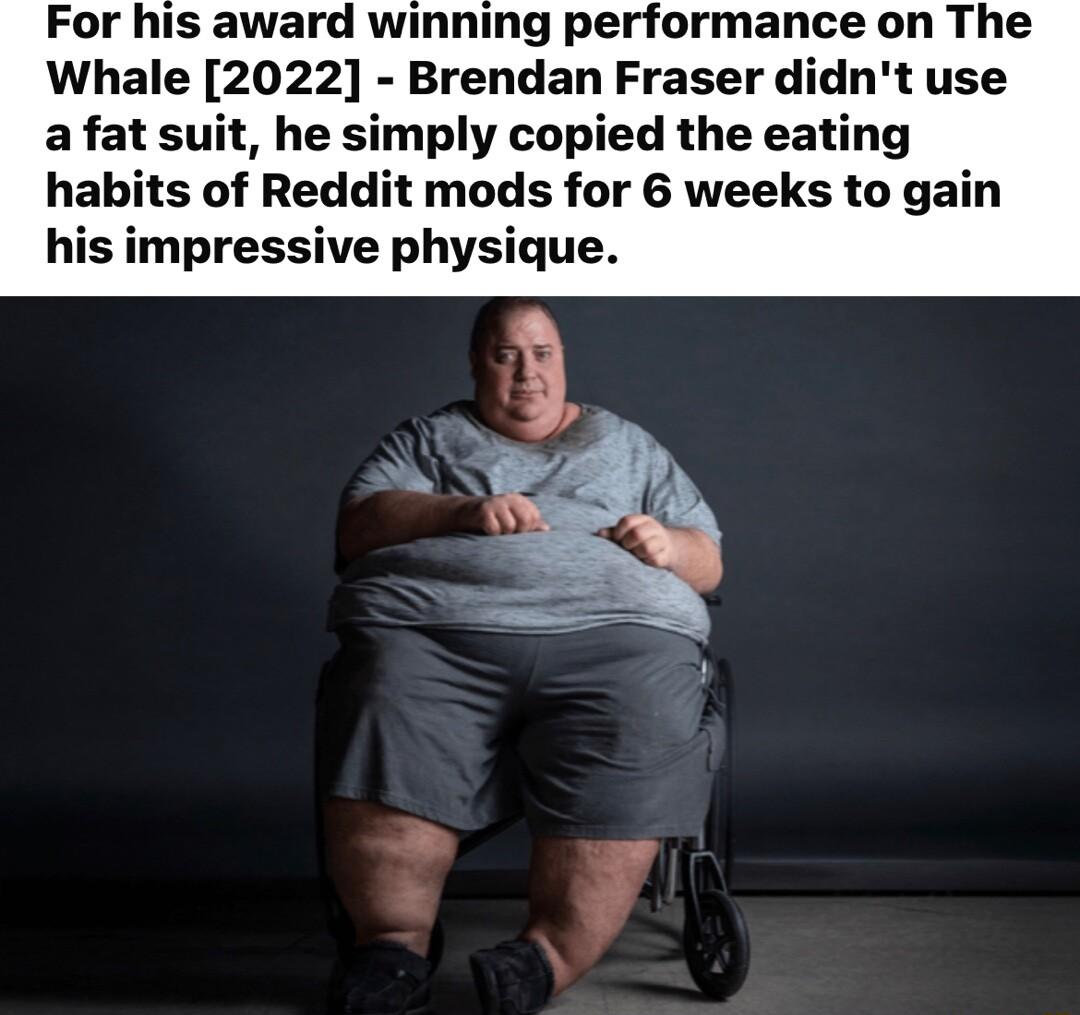 For his award winning performance on The Whale 2022 Brendan Fraser didnt use a fat suit he simply copied the eating habits of Reddit mods for 6 weeks to gain his impressive physique