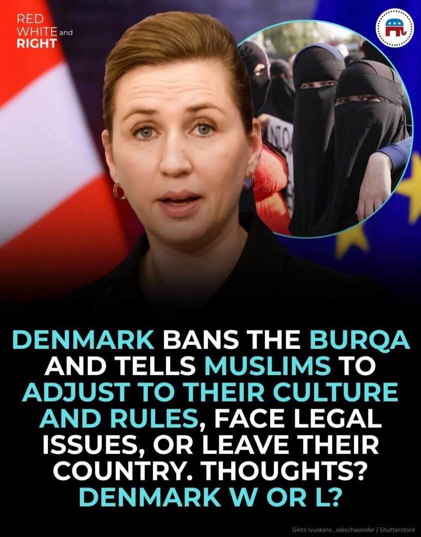 RED WHITE and RIGHT. DENMARK BANS THE BURQA AND TELLS MUSLIMS TO ADJUST TO THEIR CULTURE AND RULES, FACE LEGAL ISSUES, OR LEAVE THEIR COUNTRY. THOUGHTS? DENMARK W OR L?