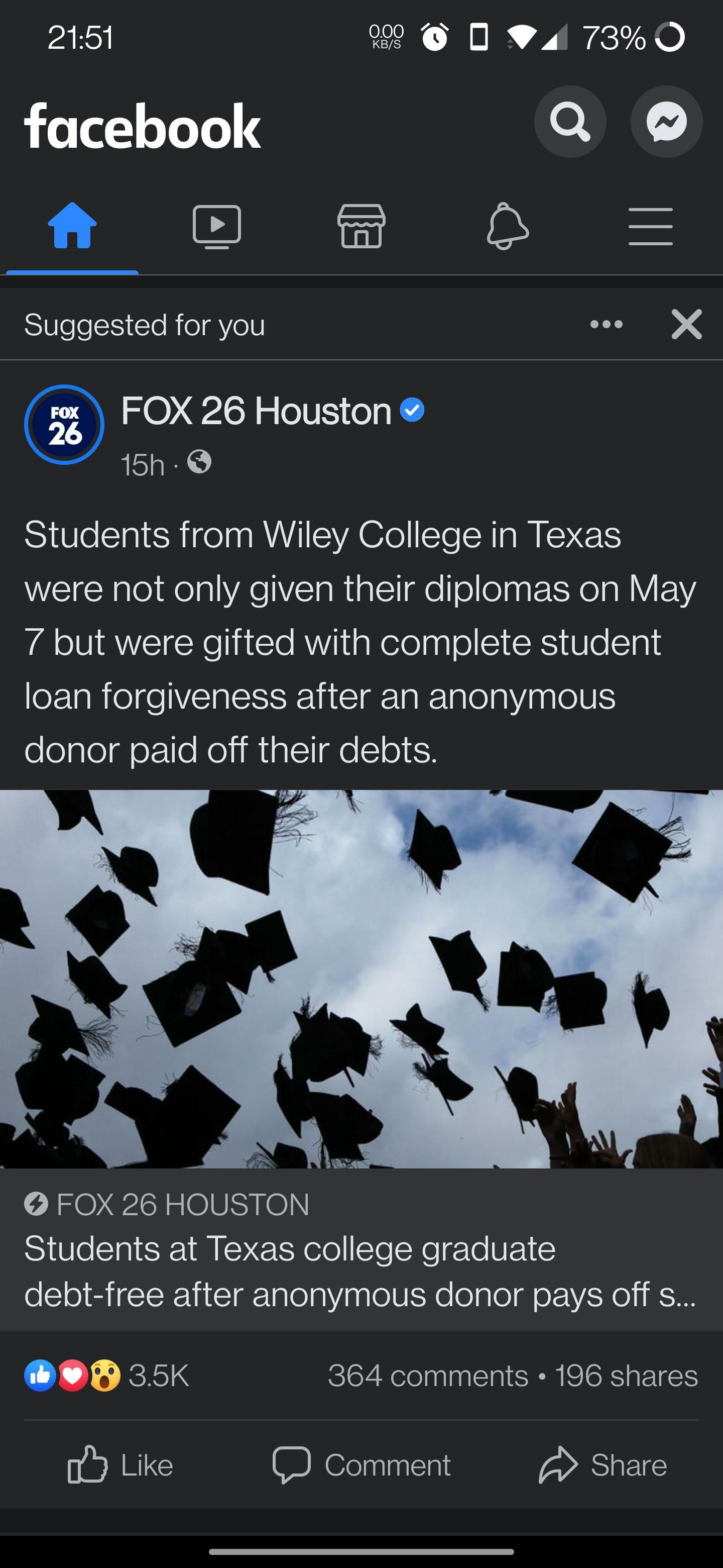 2151 PO 0L 730 o oo Yo 1 Q L S VR Y O S NiUlee T Te RelgYel e X FOX 26 Houston 15h Students from Wiley College in Texas WEICENaloiNealVAe el gleT el o o ag Xo e FY 7 but were gifted with complete student loan forgiveness after an anonymous donor paid off their debts A FOX 26 HOUSTON Students at Texas college graduate debt free after anonymous donor pays off s OWP 35K 364 comments 196 shares b Like