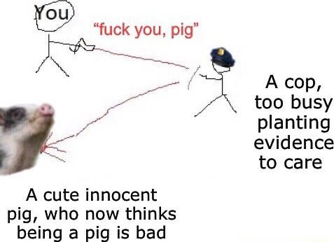 fuck you pig g s A cop o too busy P planting evidence to care A cute innocent pig who now thinks being a pig is bad