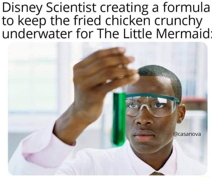 Disney Scientist creating a formula to keep the fried chicken crunchy underwater for The Little Mermaid asanova