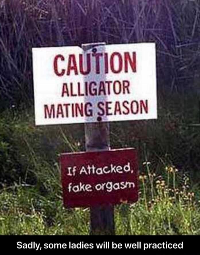 CAUTION ALLIGATOR MATING SEASON If Attacked, fake orgasm Sadly, some ladies will be well practiced