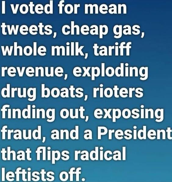 I voted for mean tweets, cheap gas, whole milk, tariff revenue, exploding drug boats, rioters finding out, exposing fraud, and a President that flips radical leftists off.
