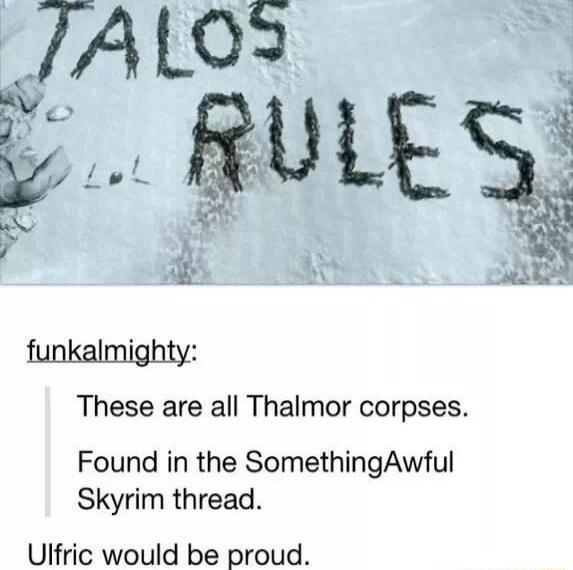 These are all Thalmor corpses Found in the SomethingAwful Skyrim thread Ulfric would be proud