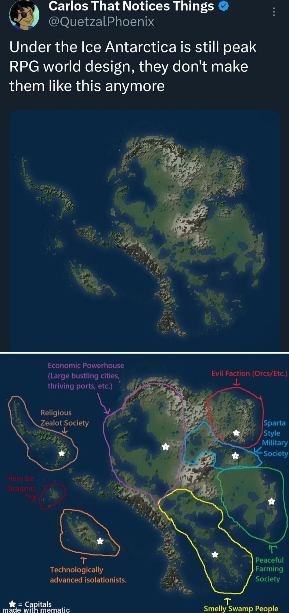 Carlos That Notices Things w QuetzalPhoenix Under the Ice Antarctica is still peak RPG world design they dont make them like this anymore Economic Powerhouse Large bustling cites thriving ports etc