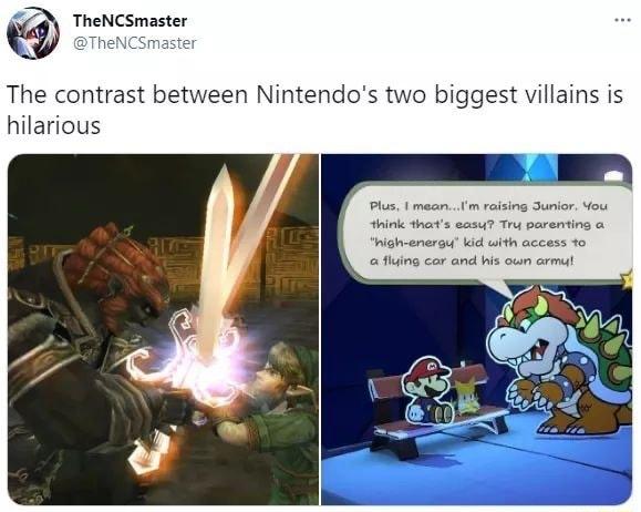 TheNCSmaster The contrast between Nintendos two biggest villains is hilarious Plus meanlm raising Junior You think thats easy Try parenting a nigh energy kid with access 1o fluing cor and wis own armul